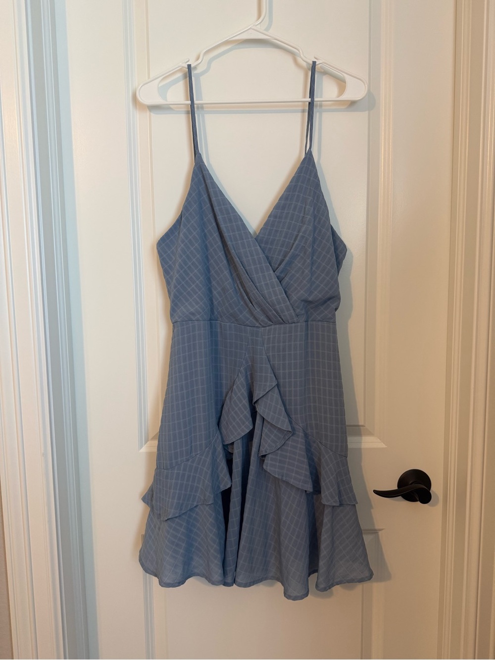 Blue Checked Ruffle Wrap Mini Dress Alter’d State